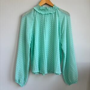 Story On Women's Mint Green Polka Dot Long Sleeve Blouse Semi Sheer Size Medium